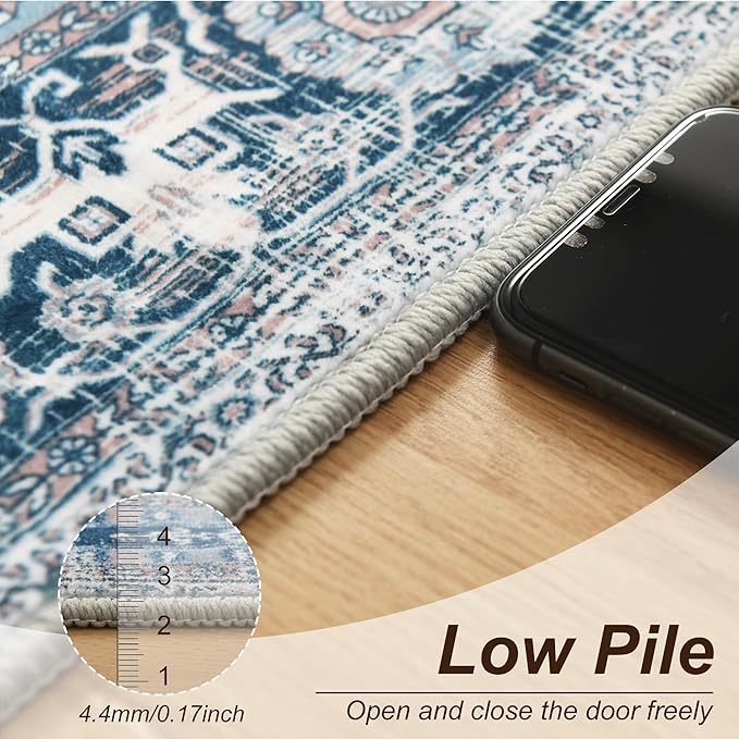 XWZO Runner Rug 2x6ft, Washable Hallway Runner with Non-Slip Backing, Vintage Spill Stain Resistant Floor Mat for Entryway Corridor Bedroom Kitchen, Soft Low-Pile Area Carpet, Blue