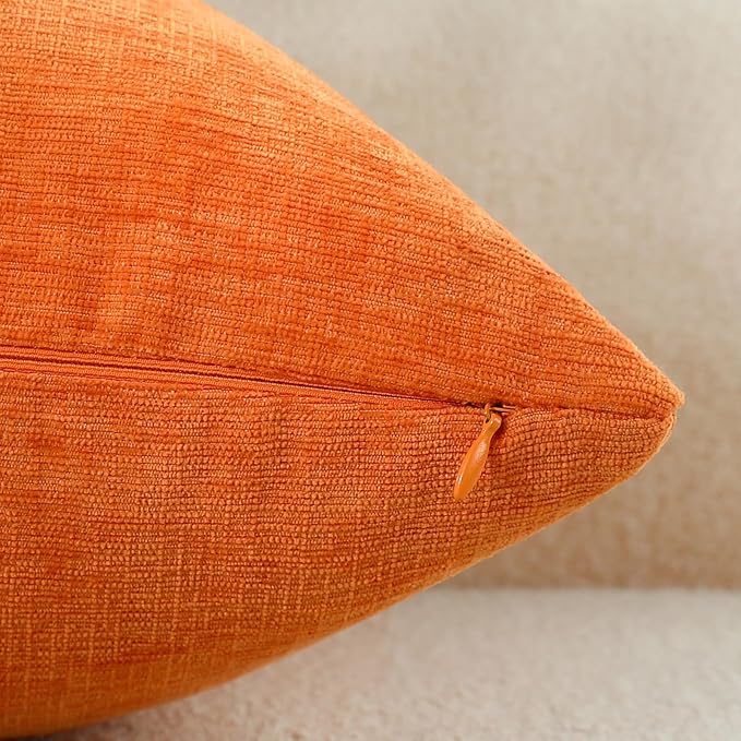 Bright Orange Chenille Decorative Couch Throw Pillow Covers, Soft Cushion Cases for Home Livingroom Sofa Décor, Pack of 2, 18 x 18 Inches