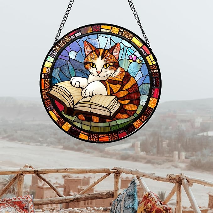 Stained Glass Window Hanging Little Cat Reading 6.3" - Suncatcher Door Garden Kitchen Sunroom Sun Catcher Home Decor Birthday for Lost Pets Mom Grandma Men Woman Friend