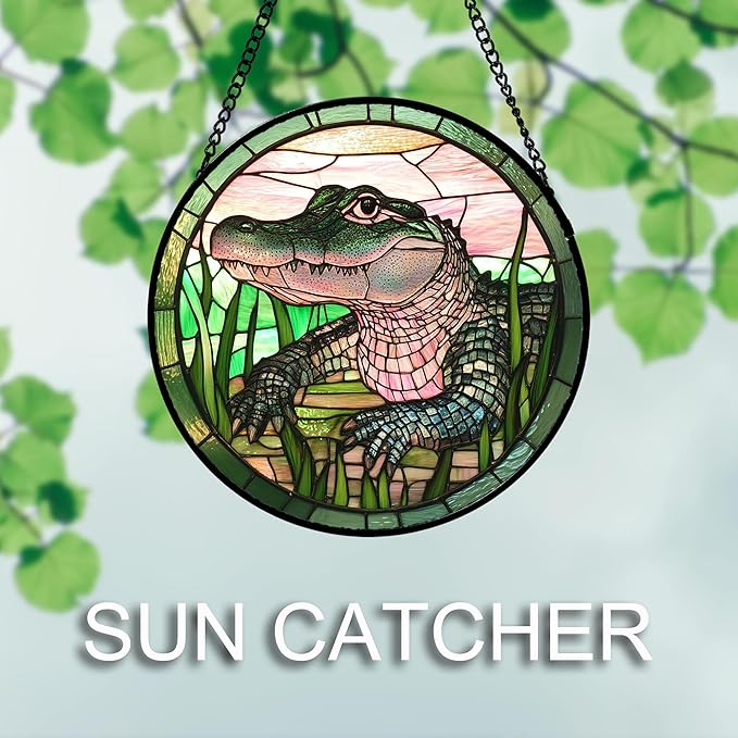 Stained Glass Window Hanging 4 Pcs Set Cute Animal Large 15"- Green Plant Pink Suncatcher Door Garden Sun Catcher Decor Birthday Christmas for Mom Woman Nana Men Friend