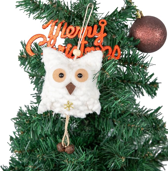 Cartanfill-Christmas Tree Owl Ornaments Set with Gold Star Topper, Plush Decorative Winter Birds, Pink Mint Brown White (D 4PC)