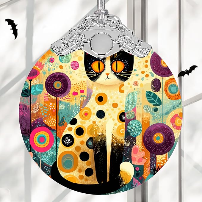 Glass Christmas Ornament, Cat Garden Art, Colorful Floral Design, Round Suncatcher with Silver Crown, 3.5 Inch, Holiday Tree and Window Light Catcher