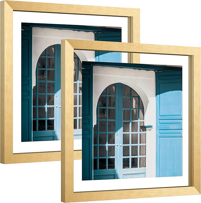 eletecpro 12x12 Floating Picture Frames Set of 2 with Real Glass Cover, Wall mount Display Photo for Multiple Size up to 12x12, Gold Floating Photo Frame for Wedding, Party, Home Decor