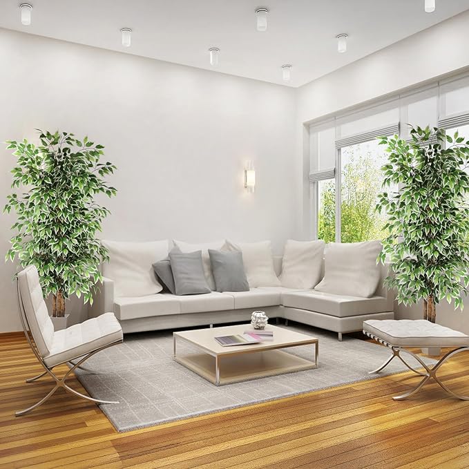 GTIDEA 2 Pcs 6ft Ficus Artificial Trees, Tall Faux Trees Indoor with Natural Trunk and Fake Silk Tree Fake Plants for Home Winter Decor Living Room Outdoor Balcony House Office (Included Dried Moss)