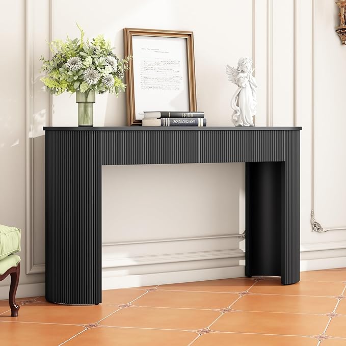 Modern Versatile Console Table with Oval Top and 2 Drawers, Wooden 54'' Long Entryway Table Accent Sofa Table for Hallway Living Room, Unique Vertical Stripe Design (Black-1.27)
