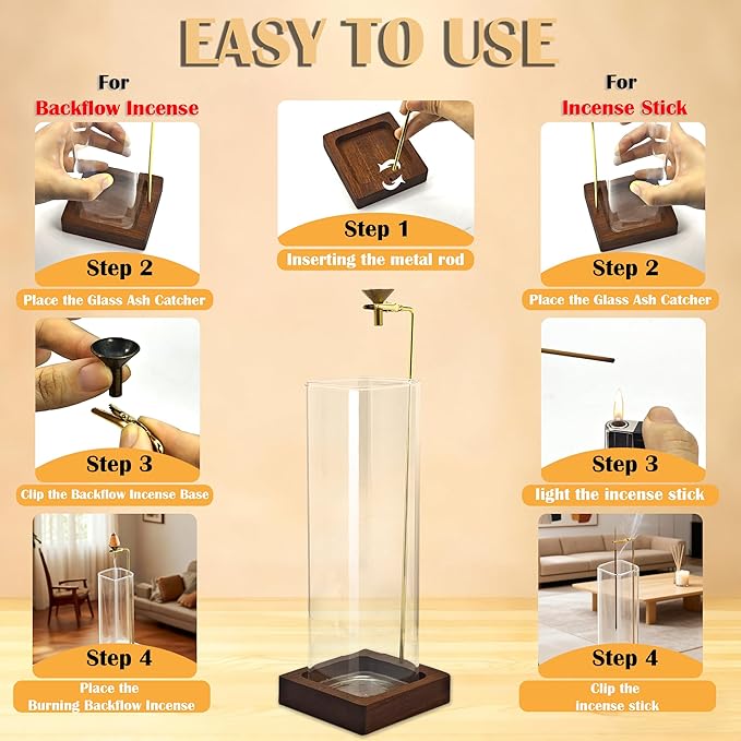 1 Pack HZCPENG Incense Holder, 2 in 1 Incense Burner for Sticks or Backflow Incense, Anti-ash Square Incence-Stick Holder with Wooden Base for Meditation, Yoga, Relaxation, and Home Décor