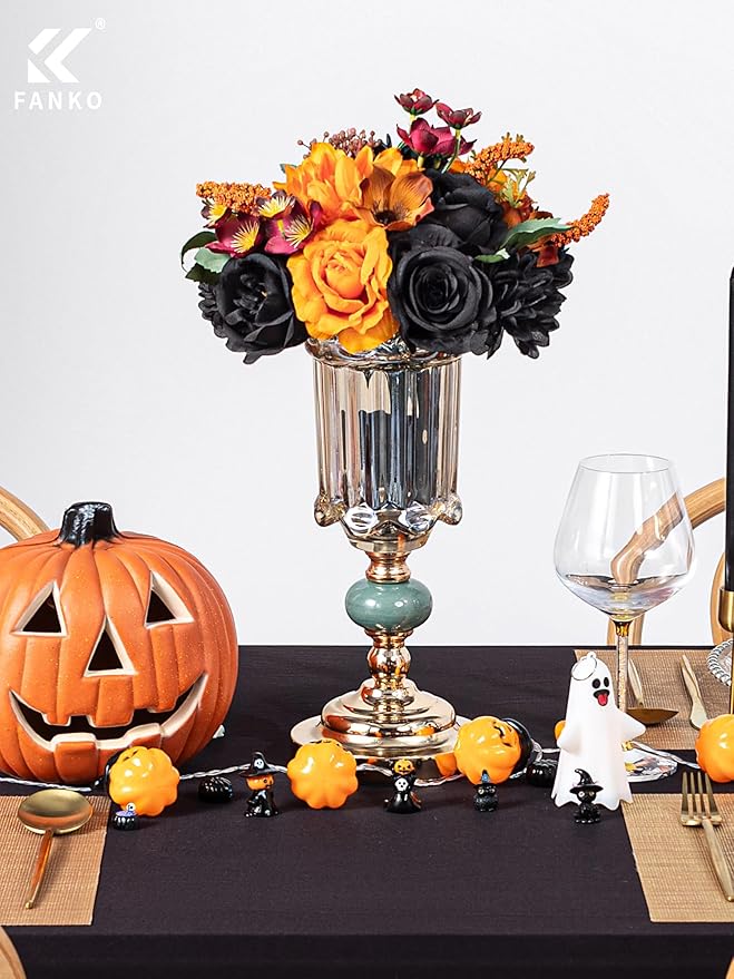 FANKO Artificial Flowers Black Rose: Mixed Fake Silk Flowers Combo Orange Rose & Dahlia Vintage Assorted Blooms for DIY Wedding Bridal Bouquets/Centerpieces/Halloween Decor
