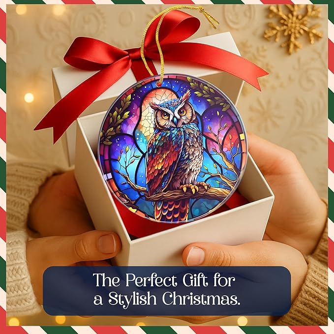 Moonlit Owl Christmas Ornament – Stained Glass Owl Acrylic Tree Decoration – Dated Holiday Decor for Navidad 2025 – Colorful Night Bird Ornament – Christmas Ornaments Clearance