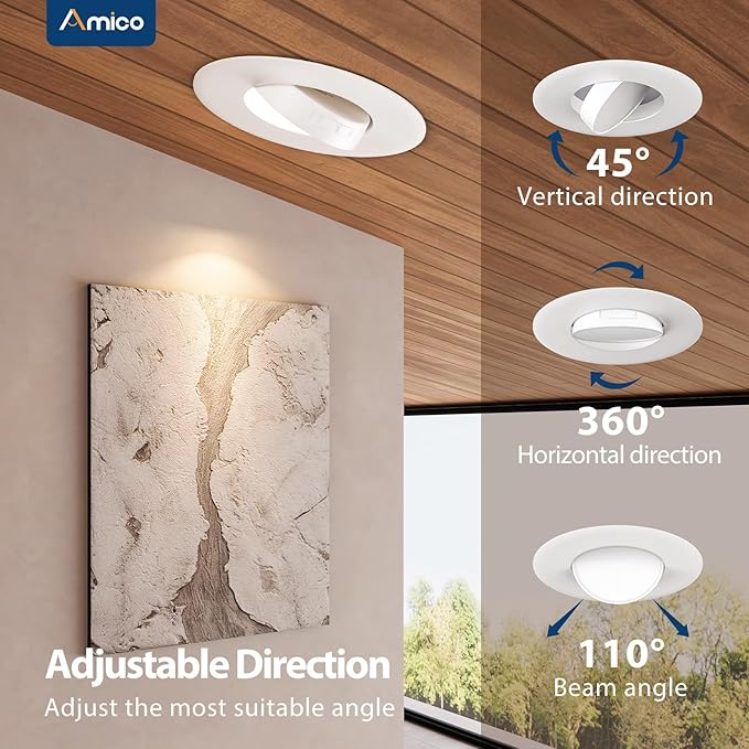 Amico 12 Pack 6 Inch Retrofit Eyeball Gimbal Can Lights, Adjustable Eyeball Directional 5CCT LED Recessed Lights, Dimmable, 2700K/3000K/3500K/4000K/5000K Selectable, 7W 650LM, ETL&FCC