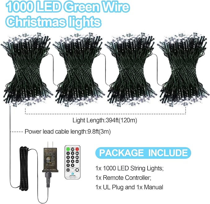 394 FT 1000 LED Christmas Lights Outdoor String Lights 8 Modes & Timer Twinkle Fairy Lights Plug in Waterproof LED String Lights for Xmas Yard Tree Patio Wedding Holiday Party Decorations (Cool White)