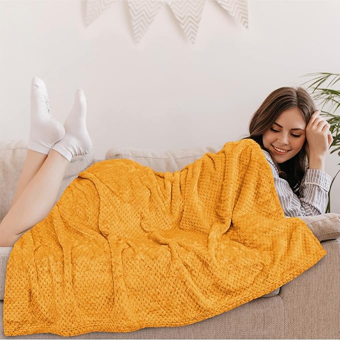 PAVILIA Mustard Yellow Throw Blanket for Couch Bed, Soft Fleece Throws for Sofa Chair, Fuzzy Waffle Textured Blanket, Cozy Warm Lightweight All Season Blanket Throw, 50x60