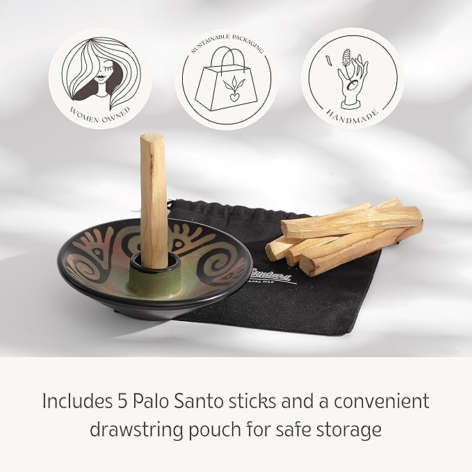 Luna Sundara Authentic Peru Pottery Palo Santo Stick Holder and Incense Holder with 5 Palo Santo Sticks Handmade Ceramic Smudge Bowl Sage Holder Green Gift Set