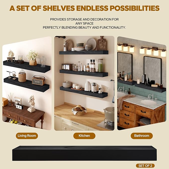Floating Shelves 3 inch Thick for Wall Set of 2,Solid Pine Wood Wall Mount Shelf for Kitchen Living Room Bedroom Bathroom,8" D x 30" L x 3" H-Black