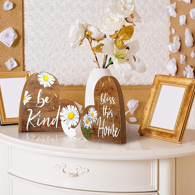 Jetec 2 Pcs Rustic Table Decorations for Living Room Home Decor Farmhouse Valentines Day Centerpiece Small Love Wooden Heart Decor for Dining Room Shelf Valentines Gift Decoration(Daisy Style)