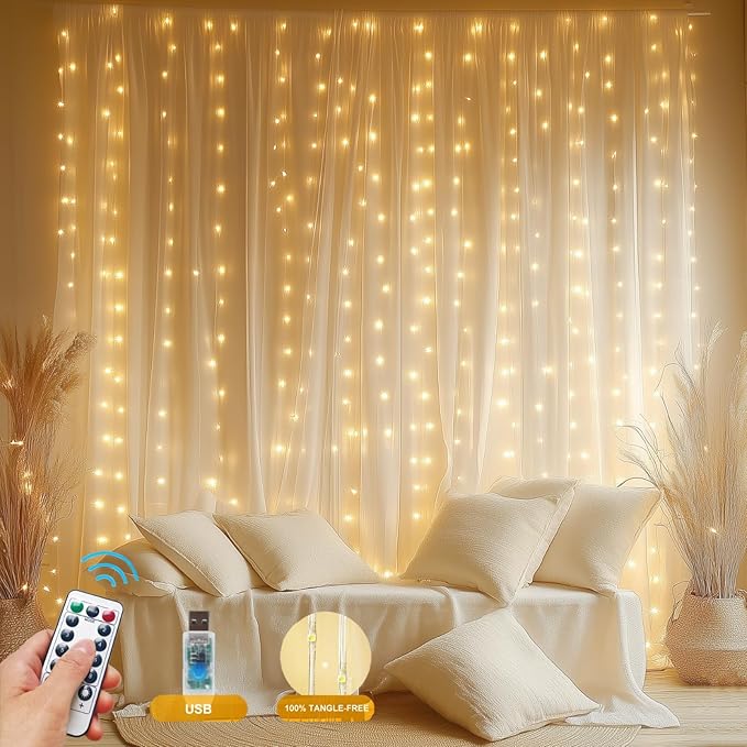 Fairy Curtain Lights Upgraded Tangle-Free Warm White USB Plug in 8 Modes String Hanging Lights with Remote for Christmas, Bedroom, Indoor, Outdoor, Weddings, Party (6.6FTx10FT)