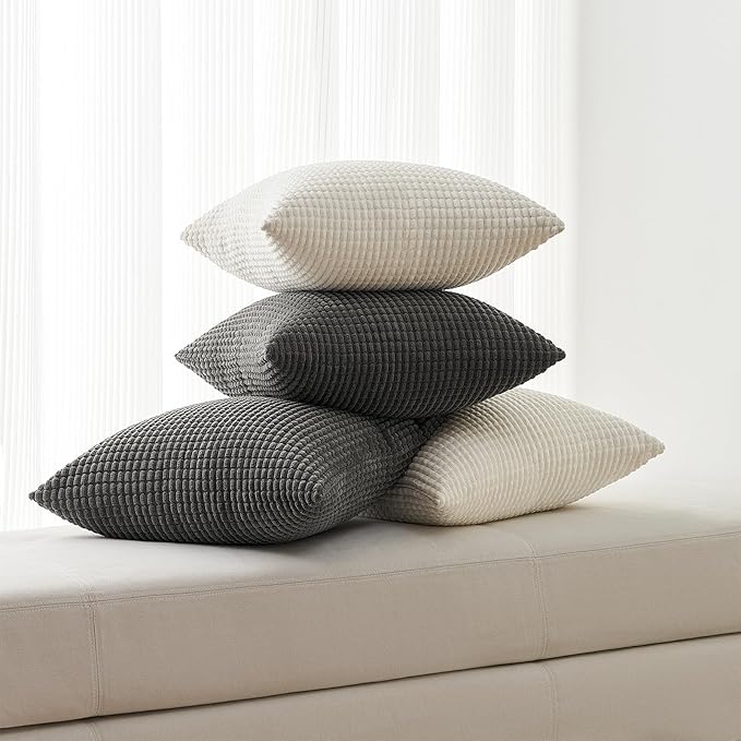 Topfinel 4 Packs Dark Grey Decorative Throw Pillow Covers 18x18 Inch for Living Room Couch Bed, Rustic Modern Farmhouse Home Decor, Soft Corduroy Bulge Cute Accent Square Cushion Case 45x45 cm