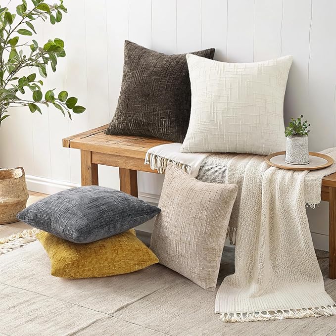 decorUhome Dark Brown Chenille Throw Pillow Covers 24x24 Set of 2 Thick Textured Slubby Couch Pillow Covers Farmhouse Accent Modern Neutral Decorative Pillow Cases for Bed Sofa Living Room