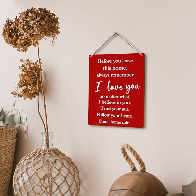 FUGWN Before You Leave This Home Always Remember I Love You Sign Hanging Wooden Signs 8x10, Entryway Wall Decor, I Love You Sign, Love Wall Decor, Inspirational Motivational Wall Decor(Red)
