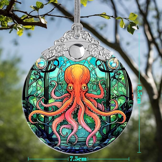 Stained Glass Christmas Ornament, Jocidea Octopus Christmas Decorations, Christmas Tree Ornament, Octopus Lovers Gifts, Holiday Decor and Xmas Gifts Ideas