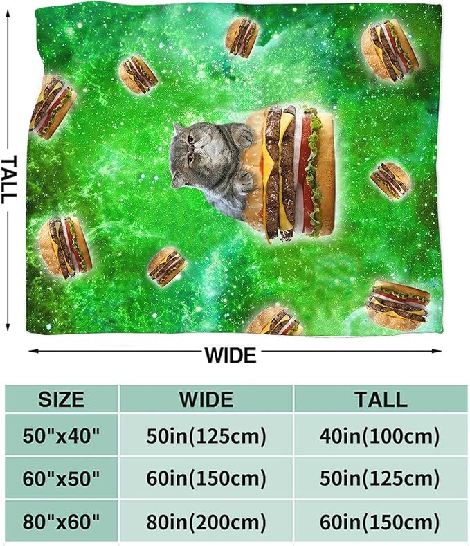Tijuboni Hamburger Cat Throw Blanket Funny Cat Gifts for Girls Boys Women Men Kids Adults Soft Flannel Fleece Blanket for Couch Sofa Bed Home Decor 60"x80"