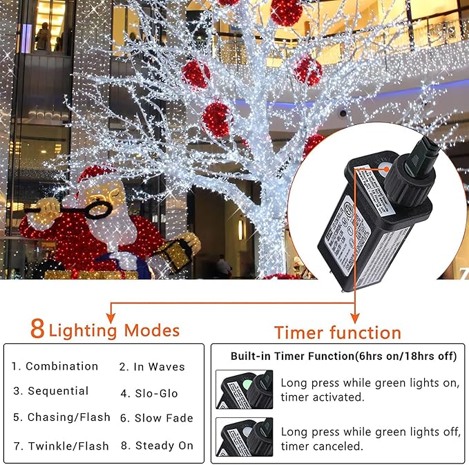 Christmas Lights Cool White, 75 Ft 200 LED Christmas String Lights Connectable, 8 Modes, Timer, Waterproof Fairy Twinkle Lights for Party, Garden, Patio, Home, Wedings, Holiday, Xmas Tree Decorations