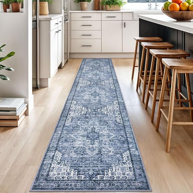2x10 Washable Rug for Entrance, Blue Soft Printed Area Rug, Non-Slip Kitchen Rugs, Low-Pile Medallion Indoor Door Mat, Small Farmhouse Carpet for Entryway Kitchen Foyer Bedside