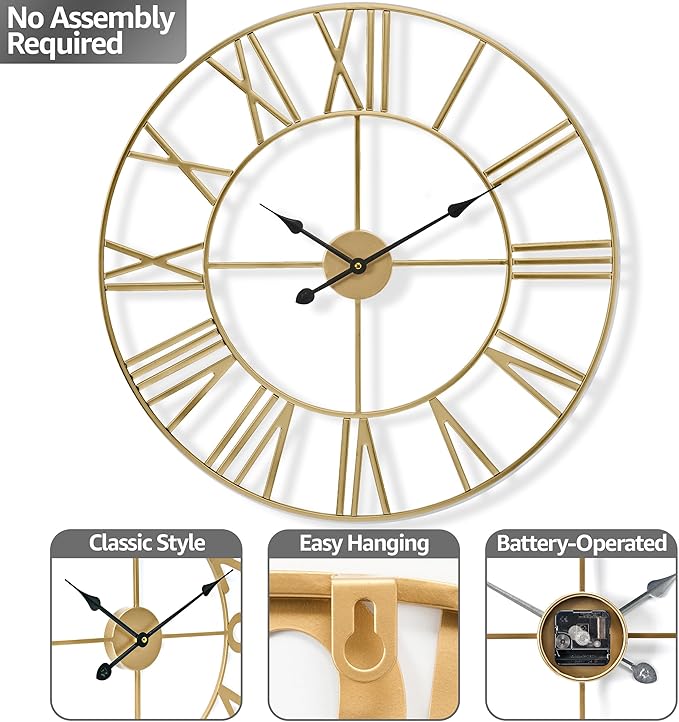 Sorbus Large Wall Clock for Living Room Decor – Easy to Hang 12-Inch Big Wall Clock – Metal Wall Art for Kitchen, Bedroom, Home, Office – Analog Decorative Wall Clock (Gold)