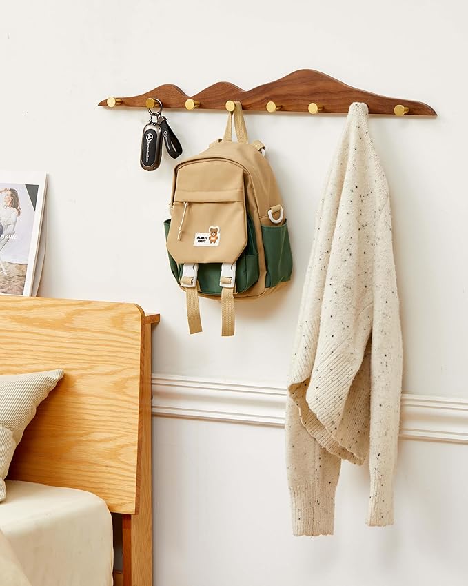 Wood Coat Hooks Wall Mount - Wooden Coat Rack with 8 Gold Brass Hooks for Entryway Bathroom Bedroom, Modern Decorative Wall Hooks Heavy Duty Organizer for Hanging Clothes Hats Bags Robes Towels Purse