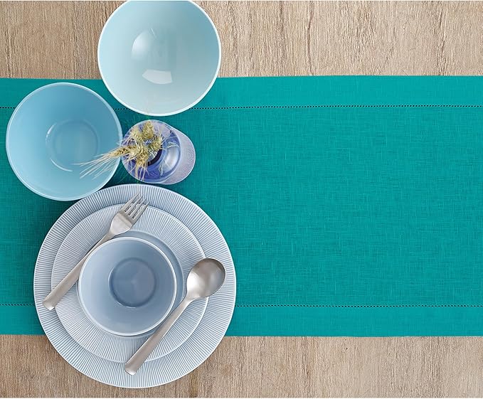 Solino Home Linen Table Runner 60 Inches - 100% Pure Linen Teal Hemstitch Table Runner 14 x 60 Inch Ideal for Dresser and Coffee Tables - Classic Hemstitch