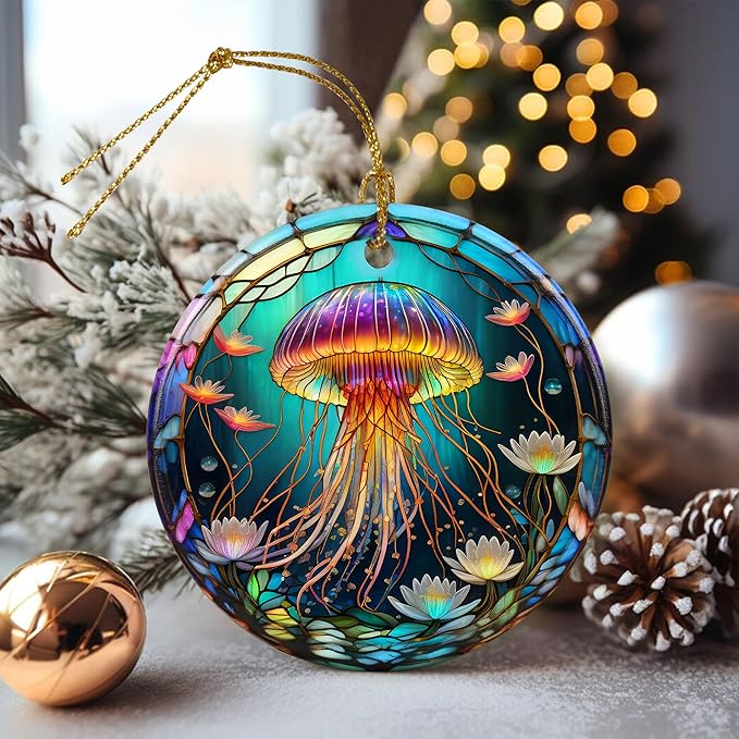 Stained Ceramic Jellyfish Ornament - Jellyfish Christmas Ornaments - Christmas Tree Ornaments - Christmas Decorations - Jellyfish Decor for Office, Room, Home - Holiday Present Ideas