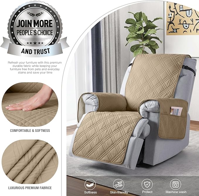 TAOCOCO 100% Waterproof Recliner Chair Cover, Non Slip Recliner Covers for Recliner Chair with Pocket, Washable Reclining Chair Cover Furniture Protector for Kids,Dogs(23.6'', Camel)