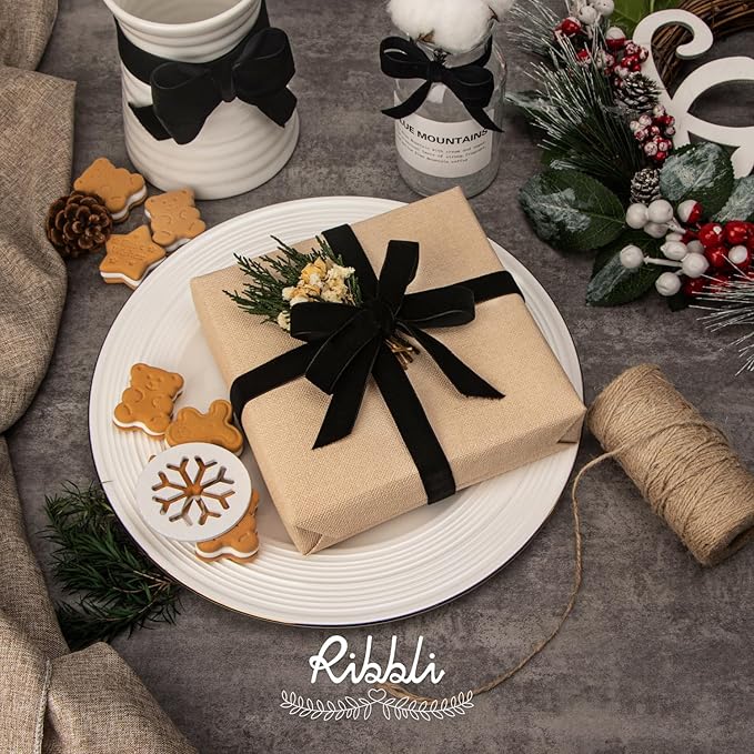 Ribbli Black Velvet Ribbon 3/8 Inches Continuous 25 Yard Spool Black Christmas Ribbon for Gift Wrapping Crafts Home Decor