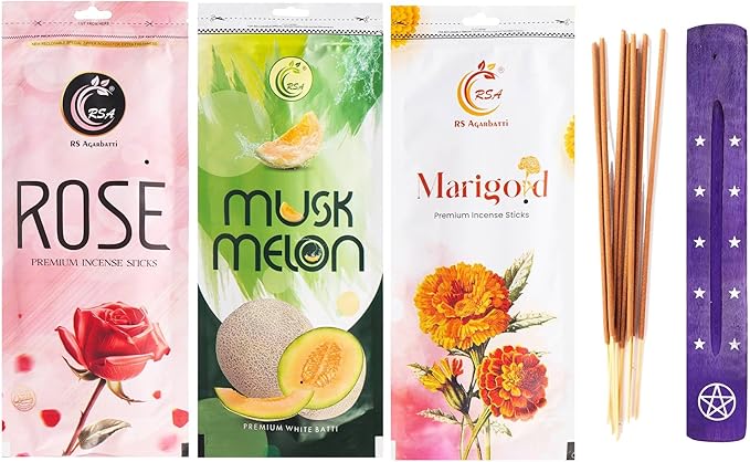 Hashcart Natural Incense Sticks Set of 3 Includes 200+ Sticks with Each of Rose Musk Melon Marigold Fragrances Pack, Made up of Natural Organic Ingredients with 45-50 Min Burn Time