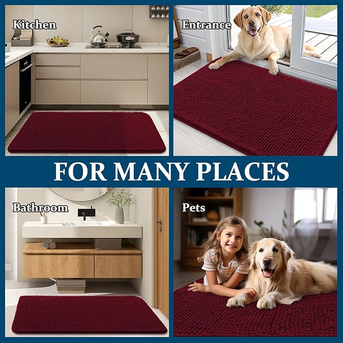 OLANLY Dog Door Mat for Muddy Paws 47x32, Absorbs Moisture and Dirt, Absorbent Non-Slip Washable Doormat, Quick Dry Chenille Mud Mat for Dogs, Entry Indoor Entryway Carpet for Inside Floor, Burgundy