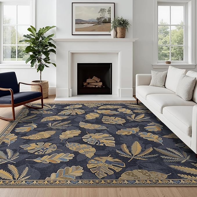 GENIMO 6x9 Area Rugs for Living Room, Machine Washable Non Slip Rugs, Low Pile Lightweight Print Rug for Bedroom, Dining Room, Home Office, Leafy Twilight