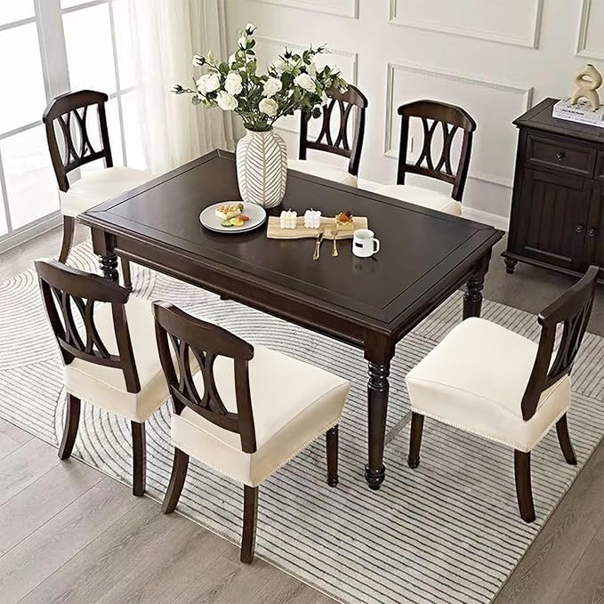 Waterproof Seat Covers for Dining Room Chairs Set of 6 - PU Leather Removable Washable Chair Seat Slipcovers, Rear Covers (Beige)