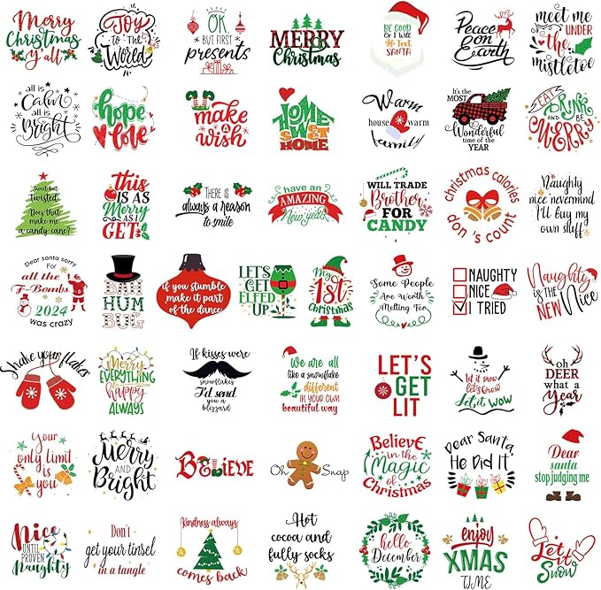 Fainne 100 Pcs Christmas Word Stickers for Crafts Christmas Vinyl Inspirational Stickers Waterproof Xmas Decals for Ornament Ball Wooden Cup Glass Water Bottle Decoration, 50 Style(Santa)