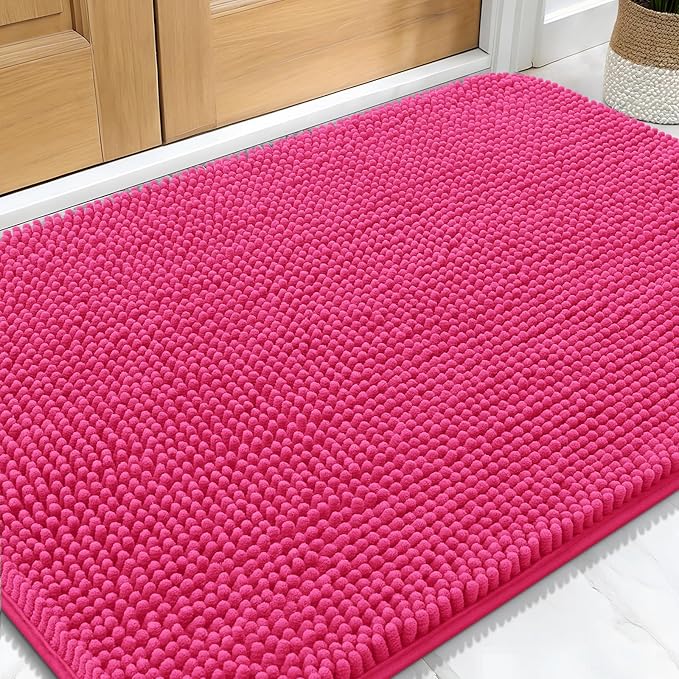 OLANLY Dog Door Mat for Muddy Paws 34x21, Absorbs Moisture and Dirt, Absorbent Non-Slip Washable Doormat, Quick Dry Chenille Mud Mat for Dogs, Entry Indoor Entryway Carpet for Inside Floor, Hot Pink