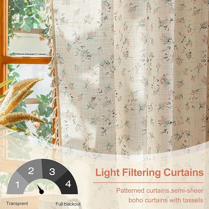 OYX Boho Floral Curtains 84 Inch Length 2 Panels for Living Room, Bedroom Light Filtering Drapes, Farmhouse Vintage Country French Rustic Tassels Pattern Rod Pocket Aesthetic Decor Window Treatments