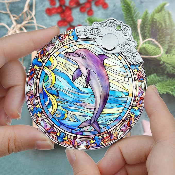 Stained Glass Christmas Ornament, Jocidea Dolphin Christmas Decorations, Christmas Tree Ornament, Dolphin Lovers Gifts, Holiday Decor and Xmas Gifts Ideas