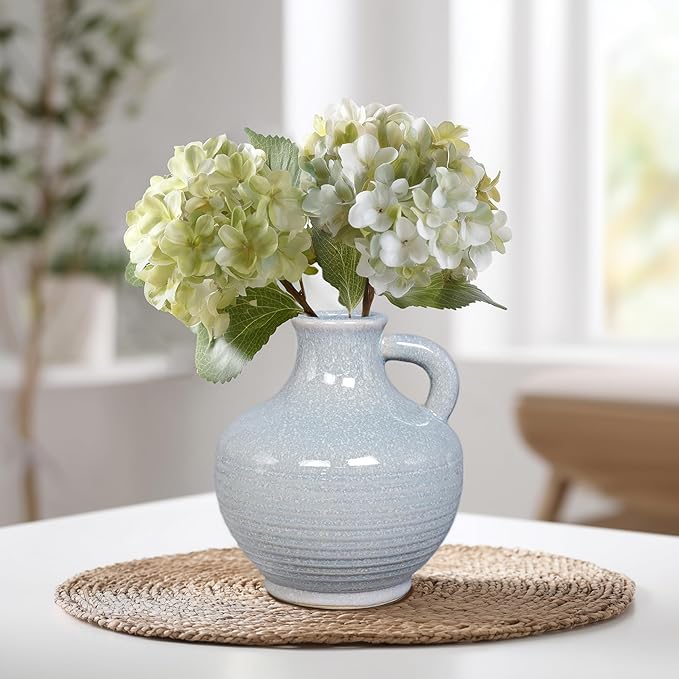 Sunddo Blue Ceramic Vases for Home Decor, 6 Inch Modern Decorative Vase with Handle, Small Flower Vase for Centerpiece, Entryway Living Room Dining Table Farmhouse Office Decor