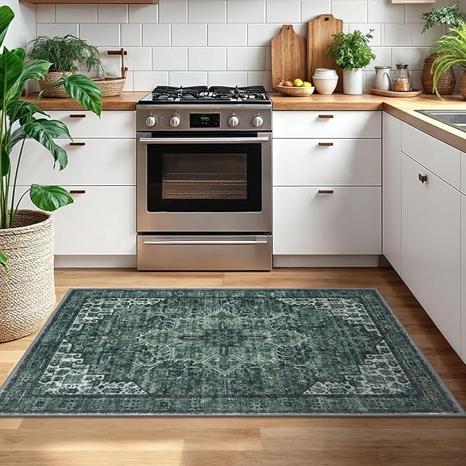 3x5 Washable Area Rug for Entryway, Dark Green Soft Medallion Printed Rug with Non-Slip, Low-Pile Vintage Boho Area Rugs for Living Room Bedroom Dining, Dorm Carpet with Non-Shedding