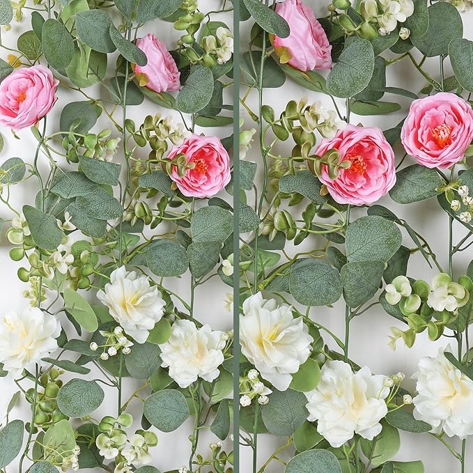 TOCHGREEN 2 Pack 13Ft Artificial Eucalyptus Flower Garland with Pink Roses White Flowers, Fake Rose Flower Greenery Garland Floral Vines for Wedding Home Party Table Runner Decor (White Pink, 2PCS)