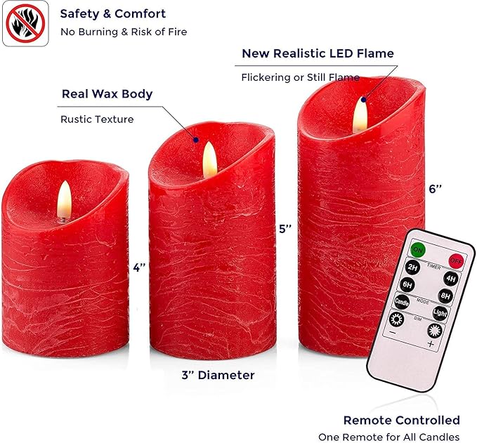 VENTA Flickering Flameless Candles with Remote Control - Battery Operated Candle for Decoration Table, Timer & Dimmer Features, Set - 3Pcs (4",5",6") (Red)