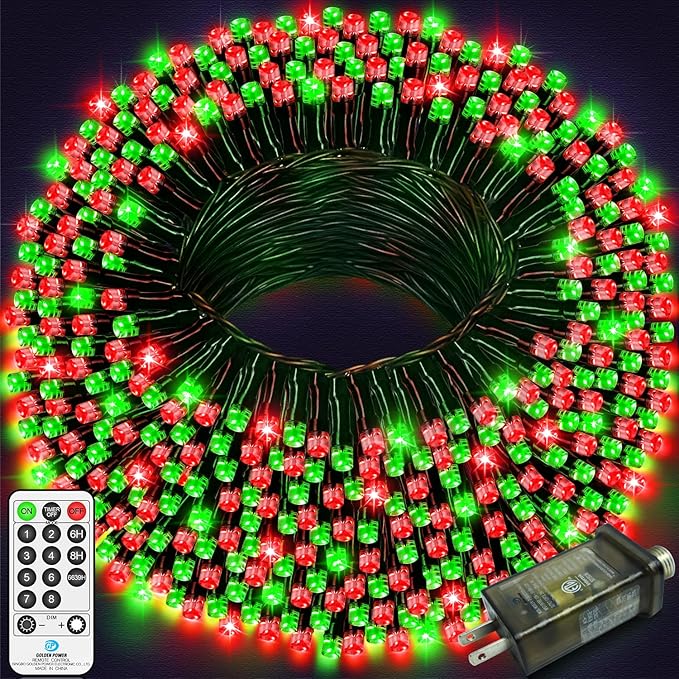 394 FT 1000 LED Christmas Lights Outdoor String Lights 8 Modes & Timer Twinkle Fairy Lights Plug in Waterproof LED String Lights for Xmas Yard Tree Patio Wedding Holiday Party Decorations (Red Green)