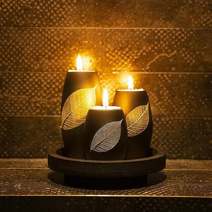 IYARA CRAFT Candle Holder Set with Tray – 3 Handmade Wood Tealight Holders, Black Leaf Design, Winter Home Décor, Spa-Inspired Holiday Centerpiece & Elegant for Women, Mom, Housewarming