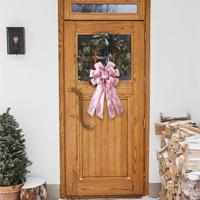 Large Christmas Bow for Wreath Pink Wreath Bow Glitter Pink Tree Topper Ornament Decorative Bow for Wedding Home Outdoor Indoor Party