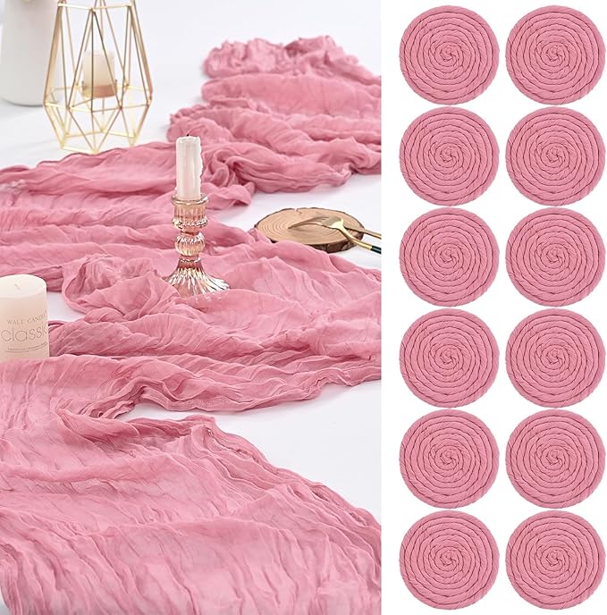 12 Pack Dusty Rose Cheesecloth Table Runner,10FT Gauze Boho Long Christmas Cheesecloth Tablerunners 20x120inch Rustic Cheese Cloth Table Runners for Wedding Party Bridal Shower,Table Decorations