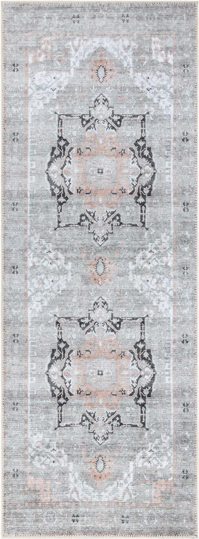 Bloom Rugs Washable Non-Slip 12 ft Runner - Gray/Coral Pink Traditional Runner for Entryway, Hallway, Bathroom, and Kitchen - Exact Size: 2.5' x 12'