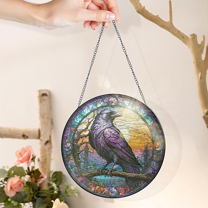 FLAGWIX Christmas Raven Decor - Crow Stained Glass Window Hanging 10 in - Black Crow Sun Catchers Indoor Window for Gothic Home Decor, The Raven Gifts for Women Friends Family, Christmas Decorations